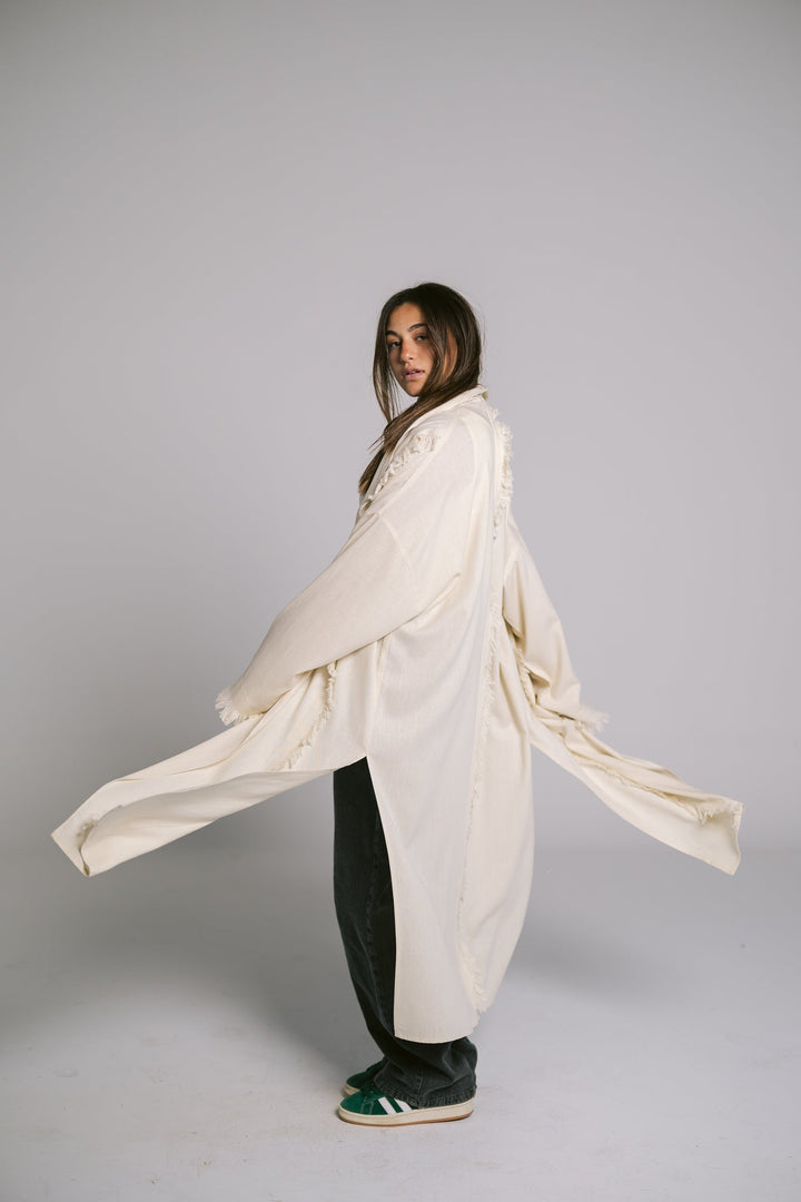 Lined Fringes Kimono - Creme