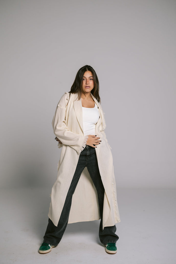 Lined Fringes Kimono - Creme
