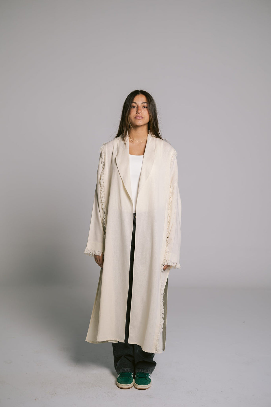Lined Fringes Kimono - Creme