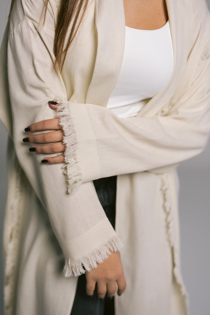 Lined Fringes Kimono - Creme